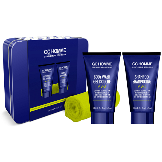 Grace Cole GC Sport umývací gél 50 ml + šampón 50 ml + umývacia žinka + plechová dóza, kozmetická sada pre mužov