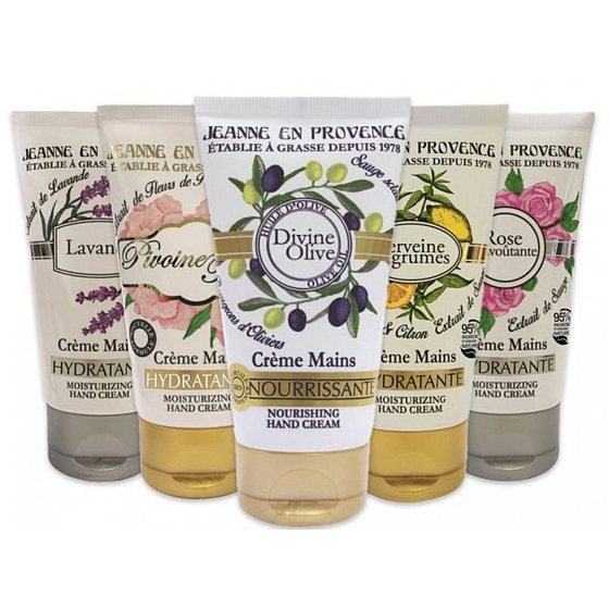 Jeanne en Provence Levanduľa krém na ruky 75 ml + Pivonkový víla krém na ruky 75 ml + Oliva krém na ruky 75 ml + Verbena a citrón krém na ruky 75 ml + Podmanivá ruža krém na ruky 75 ml, kozmetická sada pre ženy