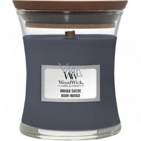 WoodWick Indigo Suede - Modrá semišová vonná sviečka s dreveným knôtom a skleneným viečkom malá 85 g