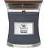 WoodWick Indigo Suede - Modrá semišová vonná sviečka s dreveným knôtom a skleneným viečkom malá 85 g