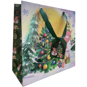 Nekupto Darčeková papierová taška luxusná 23 x 23 cm Vianočný snehuliak so stromčekom