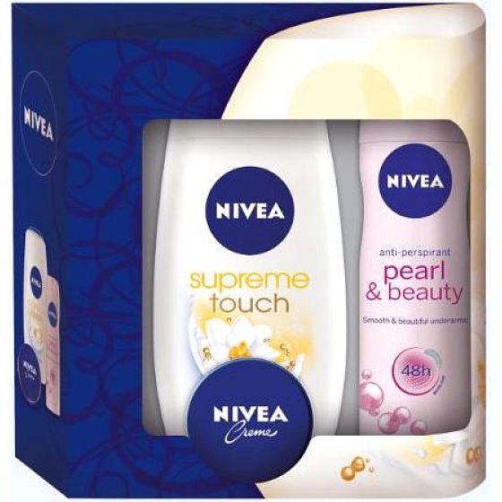 Nivea Pearl antiperspirant sprej 150 ml + Supreme Touch sprchový gél 250 ml + krém 30 ml kozmetická sada pre ženy