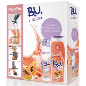 B.U. In Action Protect Plus antiperspirant dezodorant sprej pre ženy 150 ml + In Action Yogurt + Papaya sprchový gél 250 ml, kozmetická sada