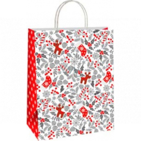 Ditipo Darčeková papierová taška 22 x 10 x 29 cm EKO Vianočná bieločervená - červení soby, pančuchy a šedej imelo, vetvičky
