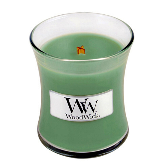 Woodwick White Willow Moss - Vrba a Mach vonná sviečka s dreveným knôtom a viečkom sklo malá 85 g