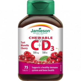 Jamieson Vitamíny C a D3 500 mg / 500 IU tablety na cmúľanie s príchuťou čerešne 75 tabliet