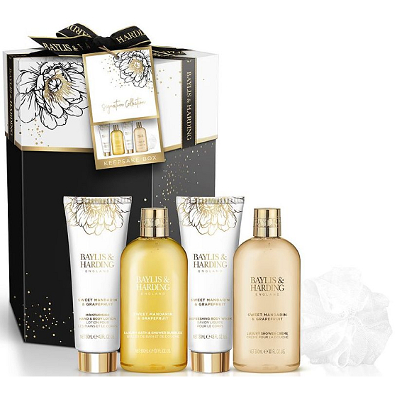 Baylis & Harding Sladká mandarínka & Grapefruit sprchovací krém 300 ml + umývací gél 300 ml + mlieko na ruky a telo 130 ml + sprchový gél 130 ml + umývacia huba, kozmetická sada pre ženy