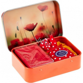 Esprit Provence Levanduľové toaletné mydlo 60 g + vrecko s levanduľovou vôňou + plechová krabička s obrázkom maku, kozmetická súprava pre ženy