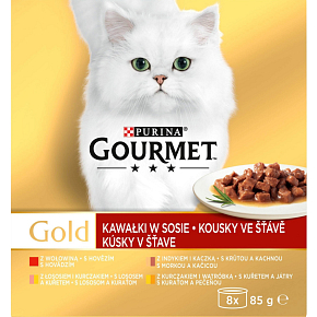 Purina Gourmet Gold pre mačky, hovädzie, moriak s kačicou, losos s kuracím, kurča s pečeňou, 8x85 g