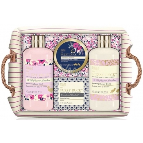 Baylis & Harding Lesné zvonček a Kvetinová lúka tekuté telové mydlo 300 ml + sprchový krém 300 ml + mydlo 150 g + kryštáliky do kúpeľa 100 g + prútený košík, kozmetická sada