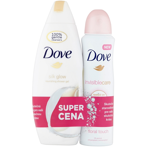 Dove Silk Glow sprchový gél 250 ml + Invisible Care Floral Touch antiperspirant dezodorant sprej pre ženy 150 ml, duopack