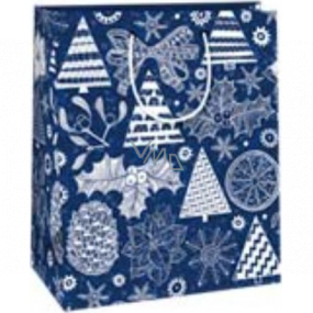 Ditipo Darčeková papierová taška 26,4 x 13,6 x 32,7 cm Vianočná modrá - biele stromčeky, imelo, mašle, vločky