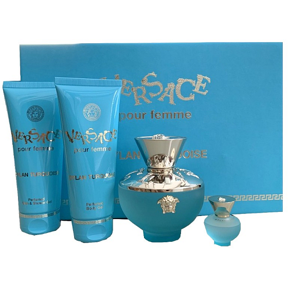Versace Dylan Turquoise toaletná voda pre ženy 100 ml + sprchový gél 100 ml + telový gél 100 ml + toaletná voda 5 ml, darčeková sada pre ženy