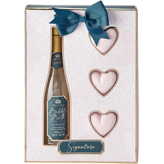 Sunkissed Champagne Signature pena do kúpeľa 250 ml + šumivé srdiečka do kúpeľa 3 x 50 g, kozmetická sada pre ženy