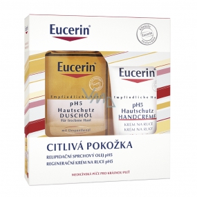 Eucerin Ph5 Relipidačný sprchový olej 200 ml + Regeneračný krém na ruky 75 ml, puzdro na starostlivosť o citlivú pokožku