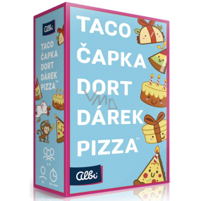 Albi Taco, klobúk, torta, darček, pizza pozorovacia kartová hra odporúčaný vek 8+