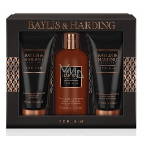 Baylis & Harding Men Čierne korenie a Ženšen tekuté mydlo na telo aj vlasy 300 ml + balzam po holení 200 ml + sprchový gél 200 ml, kozmetická sada pre mužov