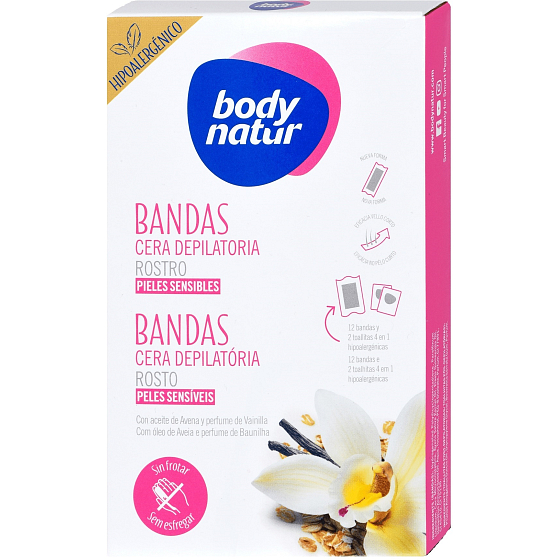 Body Natur Kvety ovsa s vanilkou epilačný voskové pásiky na tvár pre citlivú pleť 12 kusov + poepilačné obrúsky 2 kusy