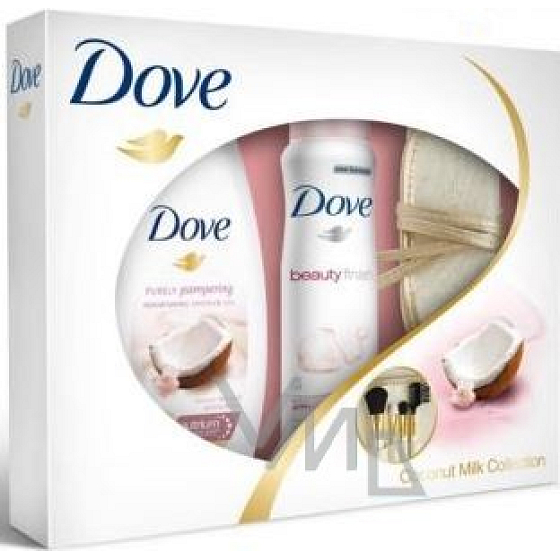 Dove Kokosové mlieko a kvety jazmínu make-up dezodorant sprej 150 ml + sprchový gél 250ml + sada štetcov na make-up, kozmetická sada