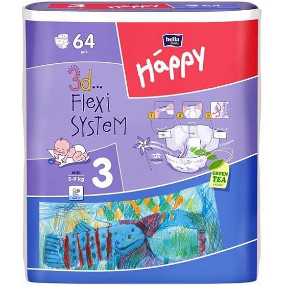 Bella Happy 3 Midi 5-9 kg plienkové nohavičky 64 kusov