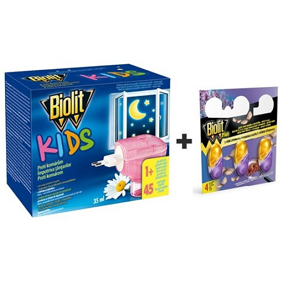 Biolit Kids Elektrický odparovač a tekutá náplň 45 nocí proti komárom 35 ml + Biolit Plus M gél s vôňou levandule háčikmi proti moliam a roztočom 3 kusy