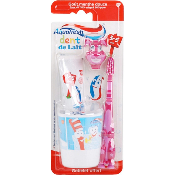 Aquafresh Dent de Lait zubná pasta 50 ml + kefka + kelímok, ružový set pre deti