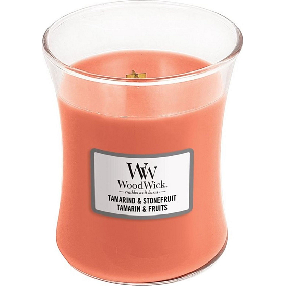 Woodwick Tamarind & Stonefruit - Tamarind a kôstkovice vonná sviečka s dreveným knôtom a viečkom sklo stredná 275 g