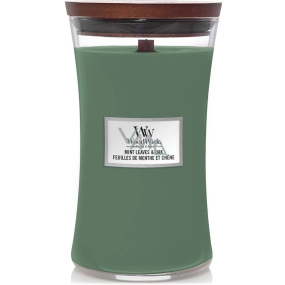 WoodWick Mint Leaves & Oak vonná sviečka s dreveným knôtom a skleneným viečkom veľká 609,5 g