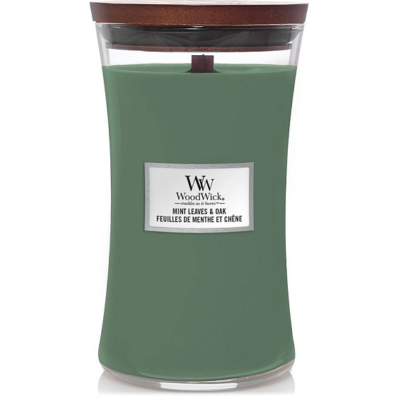 WoodWick Mint Leaves & Oak vonná sviečka s dreveným knôtom a skleneným viečkom veľká 609,5 g
