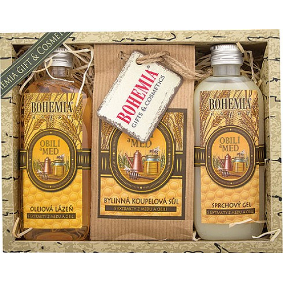 Bohemia Gifts Med a Obilie sprchový gél 100 ml + soľ do kúpeľa 150 g + Olejová kúpeľ 100 ml, kozmetická sada
