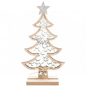 Drevený stromček s bielymi hviezdami a zlatými trblietkami 11 x 20 cm