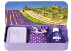 Esprit Provence Levanduľové toaletné mydlo 60 g + vonné vrecko + esenciálny olej 12 ml + plechová škatuľka, kozmetická sada pre ženy