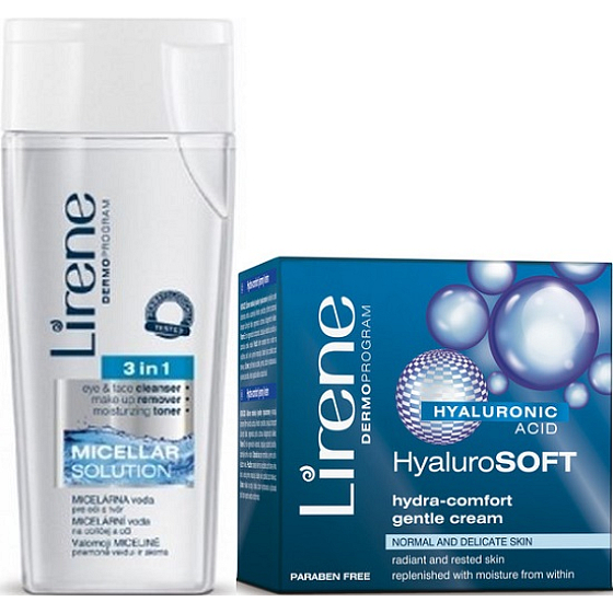 Lirene 3v1 Micelárna voda 200 ml + Hyaluro Soft Hydra-comfort jemný krém 50 ml, kozmetická sada