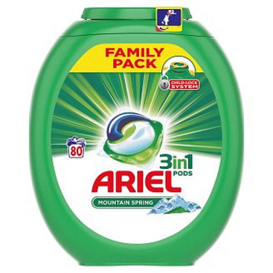Ariel 3v1 Mountain Spring gélové kapsule na pranie pre krásne čisté a voňavé bielizeň bez škvŕn 80 x 27 g