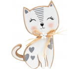 Drevená mačka s mašľou a srdiečkami biela 15 cm