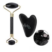 Obsidiánová Gua Sha 5 x 8 cm + masážny valček 14 x 5,5 cm redukuje vrásky, opuchy, zlepšuje elasticitu pokožky, sada bez obalu