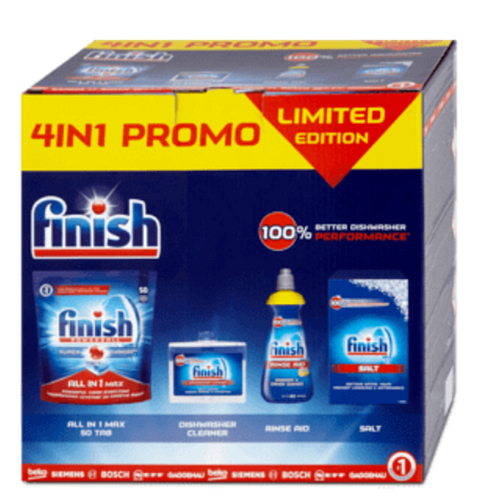 Finish 4in1 All in 1 Max tablety 815 g + Shine & Protect Lemon Sparkle leštidlo 400 ml + čistič umývačky 250 ml + soľ do umývačky 1,5 kg, balíček čistiacich prostriedkov