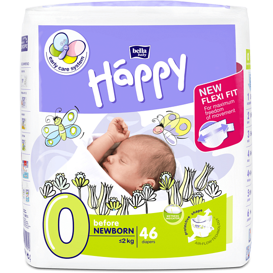 Bella Happy 0 Before Newborn od 0 - 2 kg plienkové nohavičky pre predčasne narodené deti a pre novorodencov s nízkou porodnou hmotnosťou 46 kusov