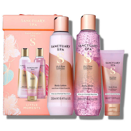Sanctuary Spa Little Moments Lily and Rose telové mlieko 250 ml + sprchový gél 250 ml + telový peeling 50 ml, kozmetická sada pre ženy