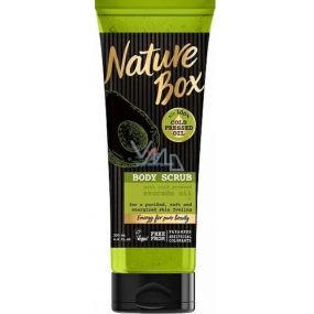 Nature Box Avokádo Regeneračný telový peeling pre dosiahnutie hladší pokožky po jemnom obrúsení sa 100% za studena lisovaným olejom, vhodné pre vegánov 200 ml