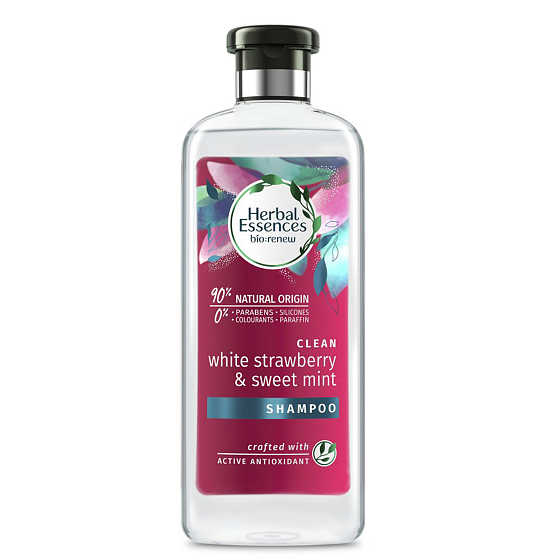 Herbal Essences Clean Strawberry & Sweet Mint Šampón s jahodami a mätou, pre lesklé a hydratované vlasy, bez parabénov 400 ml