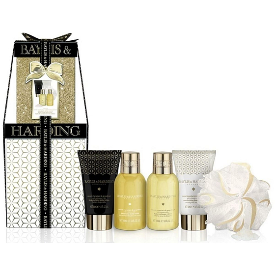 Baylis & Harding Mandarínka a Grapefruit sprchový gél 100 ml + sprchový krém 100 ml + telové mlieko 50 ml + krém na ruky 50 ml + kryštáliky do kúpeľa 25 g + masážna hubka, kozmetická sada