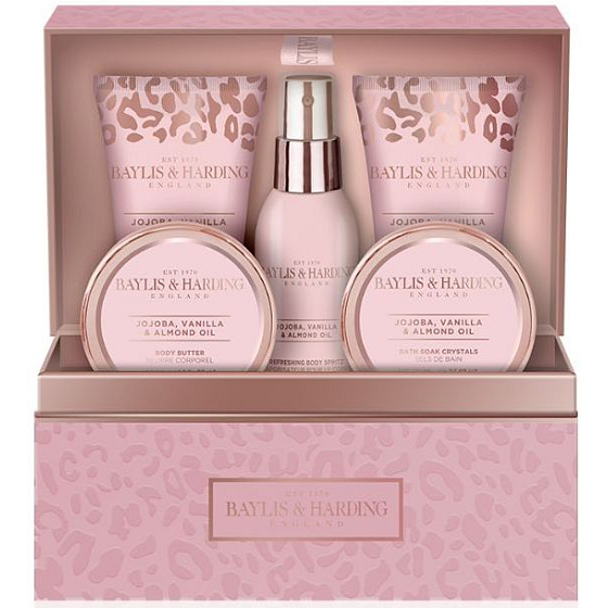 Baylis & Harding Jojoba, Vanilka a Mandľový olej telový sprej 100 ml + telové maslo 100 ml + soľ do kúpeľa 100 g + sprchový krém 50 ml + umývací gél 50 ml + šperkovnice, kozmetická sada