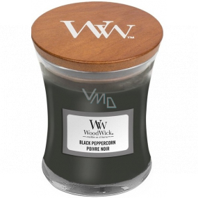 Woodwick Black Peppercorn - Čierne zrnko korenia vonná sviečka s dreveným knôtom a viečkom sklo malá 85 g