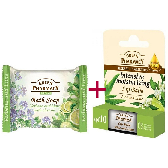 Green Pharmacy Balzam na pery Aloe Vera a limetka 2 x 3,6 g + toaletné mydlo Verbena a limetka s olivovým olejom 100 g, kozmetická sada