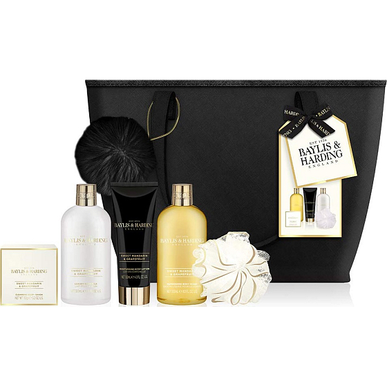 Baylis & Harding Sladká mandarínka a Grapefruit kúpeľové mlieko 300 ml + umývací gél 300 ml + toaletné mydlo 150 g + telové mlieko 130 ml + žinka + kabelka, kozmetická sada