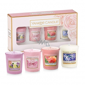 Yankee Candle Mothers Day - Deň matiek Floral Candy - Torta s kvetmi + Blush Bouquet - Ružová kytica + Sun Drenched Apricot Rose - vyšúchaný marhuľová ruža + Midnight Jasmine - Polnočná jazmín votívny sviečka 4 x 49 g, darčeková sada
