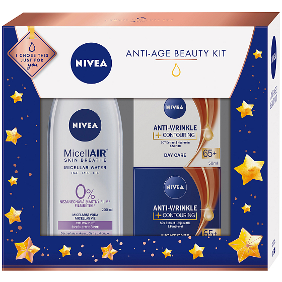 Nivea Anti-Age denný krém pre zlepšenie kontúr pre ženy 65+ 50 ml + nočný krém pre zlepšenie kontúr pre ženy 65+ 50 ml + micelárna voda upokojujúce 200 ml, kozmetická sada