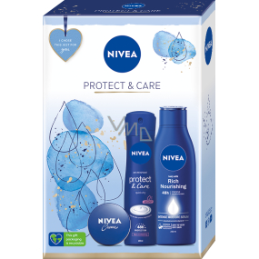 Nivea Protect & Care antiperspiračný dezodorant v spreji 150 ml + krém na základnú starostlivosť 30 ml + výživné telové mlieko Rich Nourishing 250 ml, kozmetická sada pre ženy