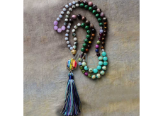 108 Mala 7 čakrový náhrdelník, NOC meditačné šperky, prírodný kameň, elastický, strapec 8 cm, korálky 6+8 mm